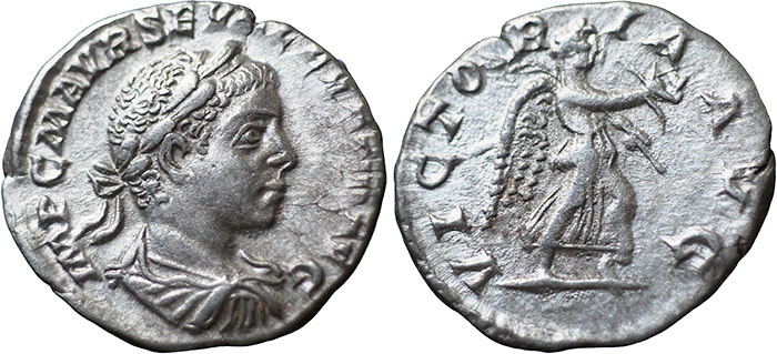 Severus Alexander AR Denarius – VICTORIA AVG – Victory running right holding wreath and palm; no star in field – Mint of Antioch – RSC 559 (variant)