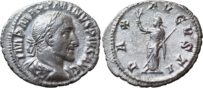 Maximinus I AR Denarius – PAX AVGVSTI – Pax standing half-left holding branch and transverse sceptre – RSC 31a – UK find