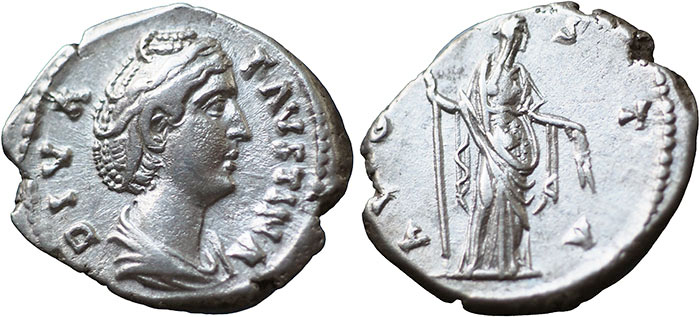 Divus Faustina I AR Denarius – AVGVSTA – Ceres standing right holding sceptre and corn-ears – RSC 93
