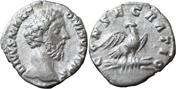 Divus Marcus Aurelius AR Denarius – CONSECRATIO – Eagle on thunderbolt, head left – RSC 84