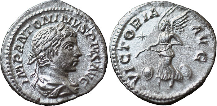 Elagabalus AR Denarius – VICTORIA AVG – Victory flying left holding open wreath or diadem, shields at sides, star in field – RSC 300