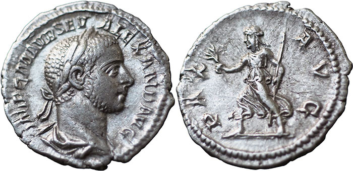 Severus Alexander AR Denarius – PAX AVG – Pax running left holding olive-branch and long sceptre – RSC 187