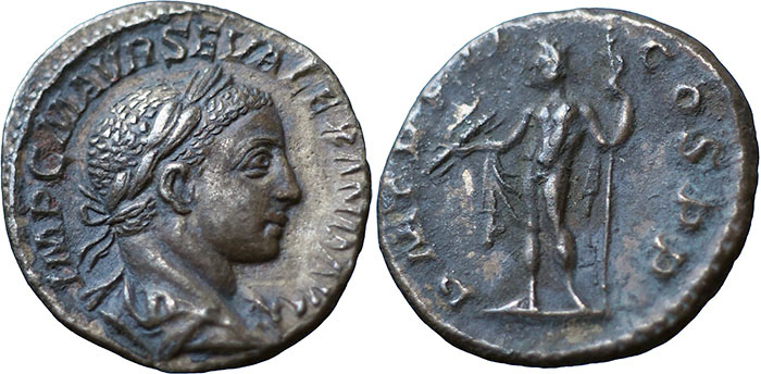 Severus Alexander AR Denarius – P M TR P COS P P – Jupiter standing front, head left, holding thunderbolt and long sceptre – RSC 204