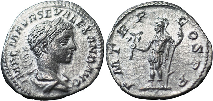 Severus Alexander AR Denarius – P M TR P COS P P – Mars standing front, head left, holding olive-branch and reversed spear – RSC 207