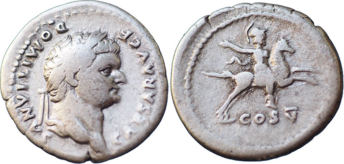 Domitian AR Denarius – COS V in exergue – Man on horse prancing right – RSC 49a