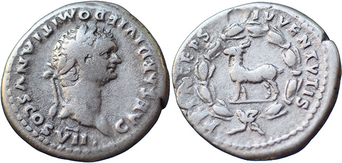 Domitian AR Denarius – PRINCEPS IVVENTVTIS – Goat standing left within laurel-wreath – RSC 390