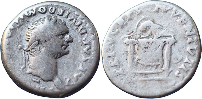 Domitian AR Denarius – PRINCEPS IVVENTVTIS – Helmet on throne – RSC 399a