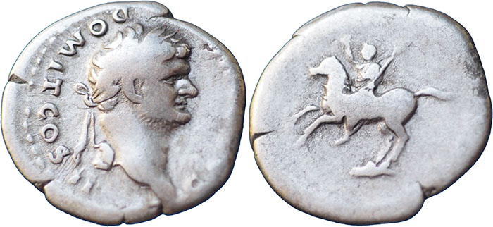 Domitian AR Denarius – No legend – Domitian on horseback left, raising right hand and holding sceptre surmounted by human head – RSC 664