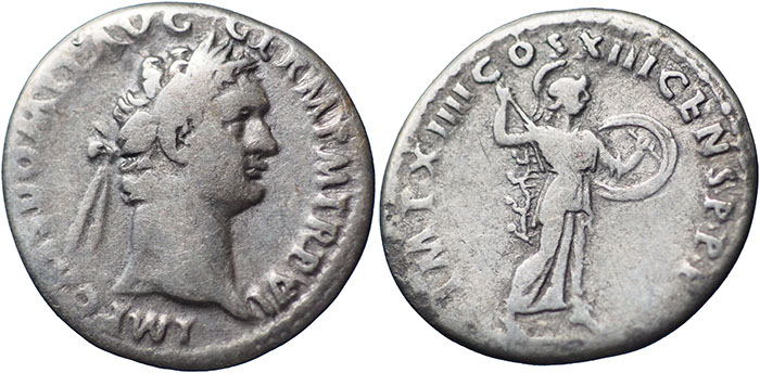 Domitian AR Denarius – IMP XIIII COS XIII CENS P P P – Minerva standing right holding shield and brandishing javelin – RSC 217