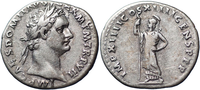 Domitian AR Denarius – IMP XIIII COS XIIII CENS P P P – Minerva standing head left holding spear – RSC 233