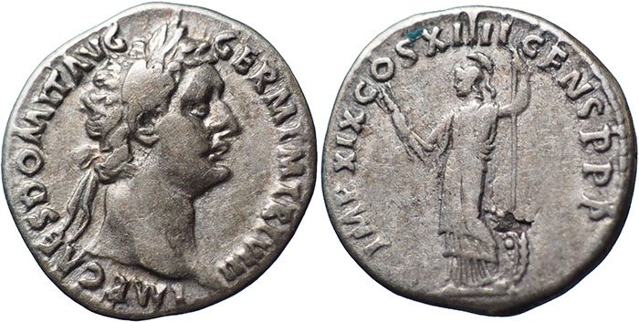 Domitian AR Denarius – IMP XIX COS XIIII CENS P P P – Minerva standing left holding spear and thunderbolt, shield behind – RSC 251
