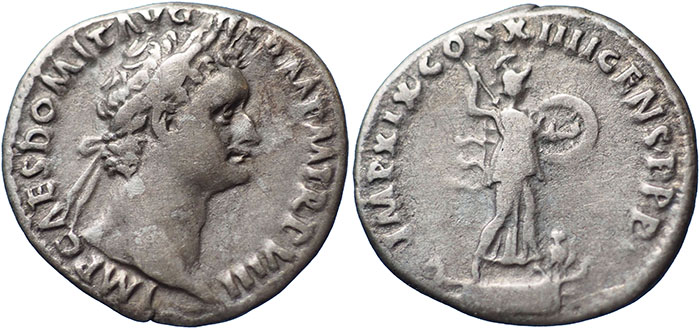 Domitian AR Denarius – IMP XIX COS XIIII CENS P P P – Minerva standing right on prow holding shield and brandishing javelin, owl at feet – RSC 253