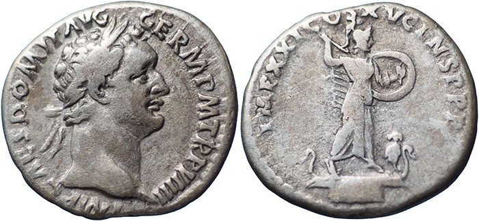 Domitian AR Denarius – IMP XXI COS XV CENS P P P – Minerva standing right on prow holding shield and brandishing javelin, owl at feet – RSC 262