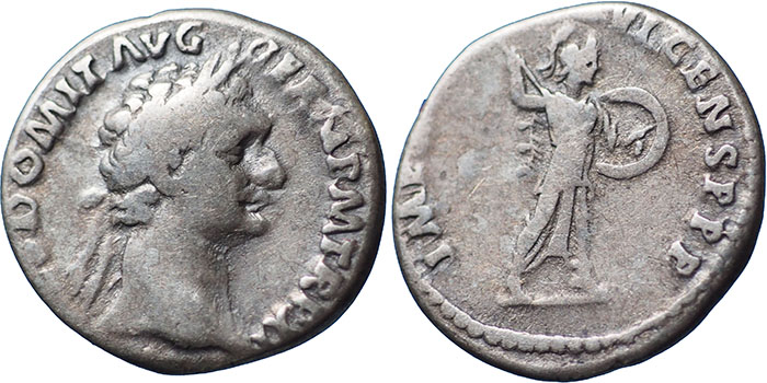 Domitian AR Denarius – IMP XXI COS XVI CENS P P P – Minerva standing right holding shield and brandishing javelin – RSC 273