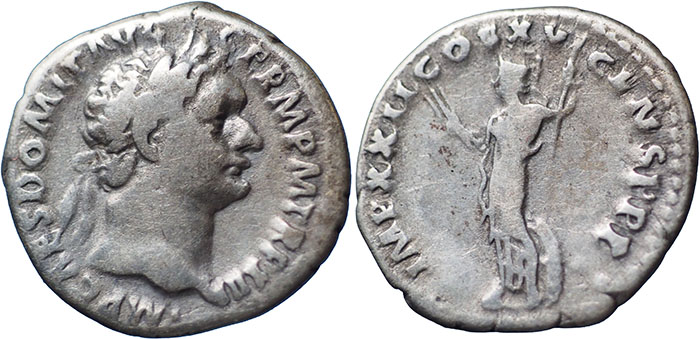 Domitian AR Denarius – IMP XXII COS XVI CENS P P P – Minerva standing left holding spear and thunderbolt, shield behind – RSC 279