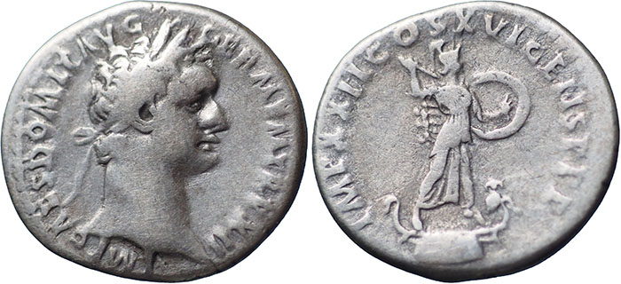 Domitian AR Denarius – IMP XXII COS XVI CENS P P P – Minerva standing right on prow holding shield and brandishing javelin, owl at feet – RSC 281