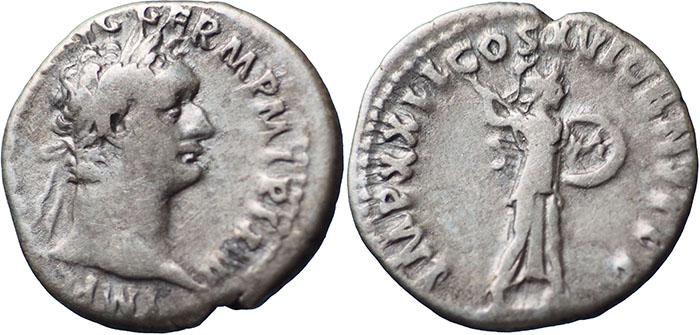 Domitian AR Denarius – IMP XXII COS XVII CENS P P P – Minerva standing right holding shield and brandishing javelin – RSC 288