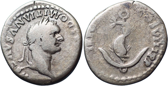 Domitian AR Denarius – TR POT COS VIII P P – Dolphin coiled around anchor – RSC 593