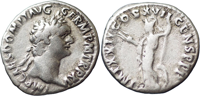 Domitian AR Denarius – IMP XXII COS XVII CENS P P P – Minerva standing left holding spear and thunderbolt, shield behind – RSC 291