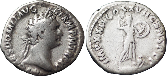 Domitian AR Denarius – IMP XXII COS XVII CENS P P P – Minerva standing right on prow holding shield and brandishing javelin, owl at feet – RSC 293
