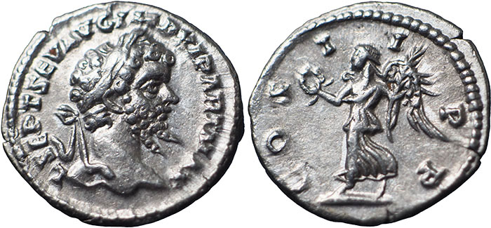 Septimius Severus AR Denarius – COS II P P – Victory advancing left holding wreath and palm – Mint of Laodicea ad Mare – RSC 96