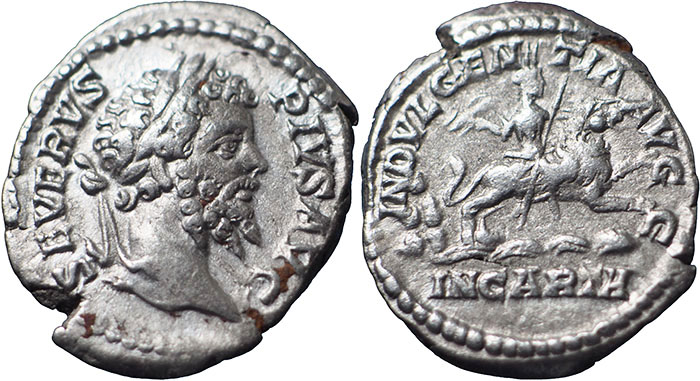 Septimius Severus AR Denarius – INDVLGENTIA AVGG around IN CARTH – Dea Caelestis riding right on lion, holding thunderbolt and sceptre; water gushing from rocks – RSC 222