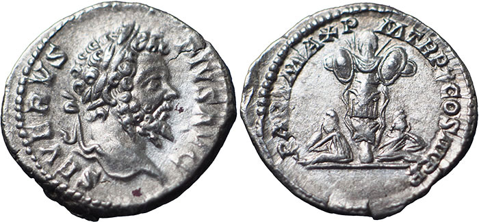 Septimius Severus AR Denarius – PART MAX P M TR P X COS III P P – Two captives seated back to back, trophy between – RSC 373