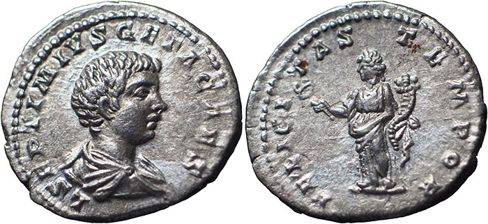 Geta AR Denarius – FELICITAS TEMPOR – Felicitas standing half-left holding caduceus and cornucopiae – RSC 44