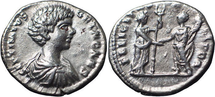 Geta AR Denarius – FELICITAS TEMPOR – Felicitas standing right holding caduceus, clasping right hands with Geta who stands front, head left, holding cornucopiae – Mint of Laodicea ad Mare – RSC 49a