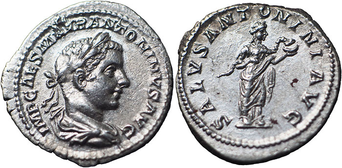 Elagabalus AR Denarius – SALVS ANTONINI AVG – Salus standing half-right, holding snake across body and feeding it with cake – RSC 256