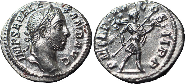 Severus Alexander AR Denarius – P M TR P VII COS II P P – Severus Alexander as Romulus, bare‑headed in military dress, hurrying right holding transverse spear and trophy over shoulder – RSC 337