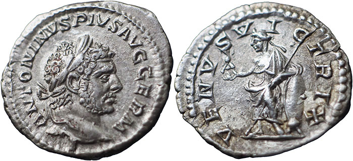 Silver denarius of Caracalla with Venus Victrix standing holding Victory and sceptre