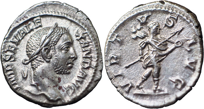 Silver denarius of Severus Alexander depicting Virtus Augustus with emperor as Romulus carrying spear and trophy