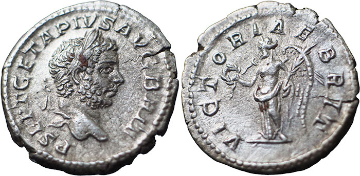 Silver denarius of Geta with Victory standing holding wreath and palm