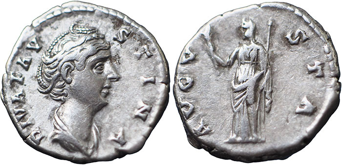Silver denarius of Divus Faustina I with Ceres standing left holding torch and sceptre