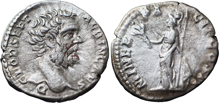 Silver denarius of Clodius Albinus with Minerva standing holding olive branch and shield
